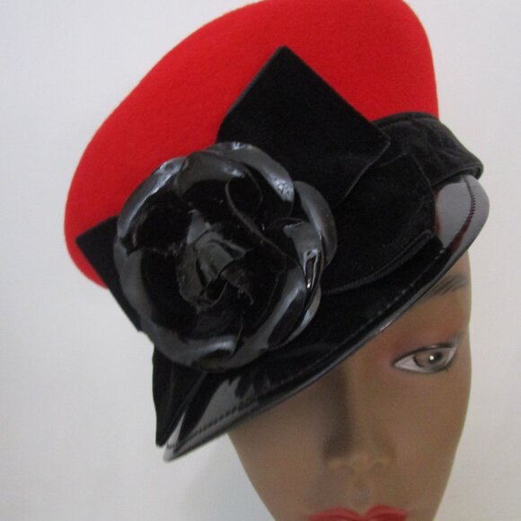 Mushroom Red Wool Visor Brim Cap Hat Patent Leather Brim Flower - Picture 3 of 14